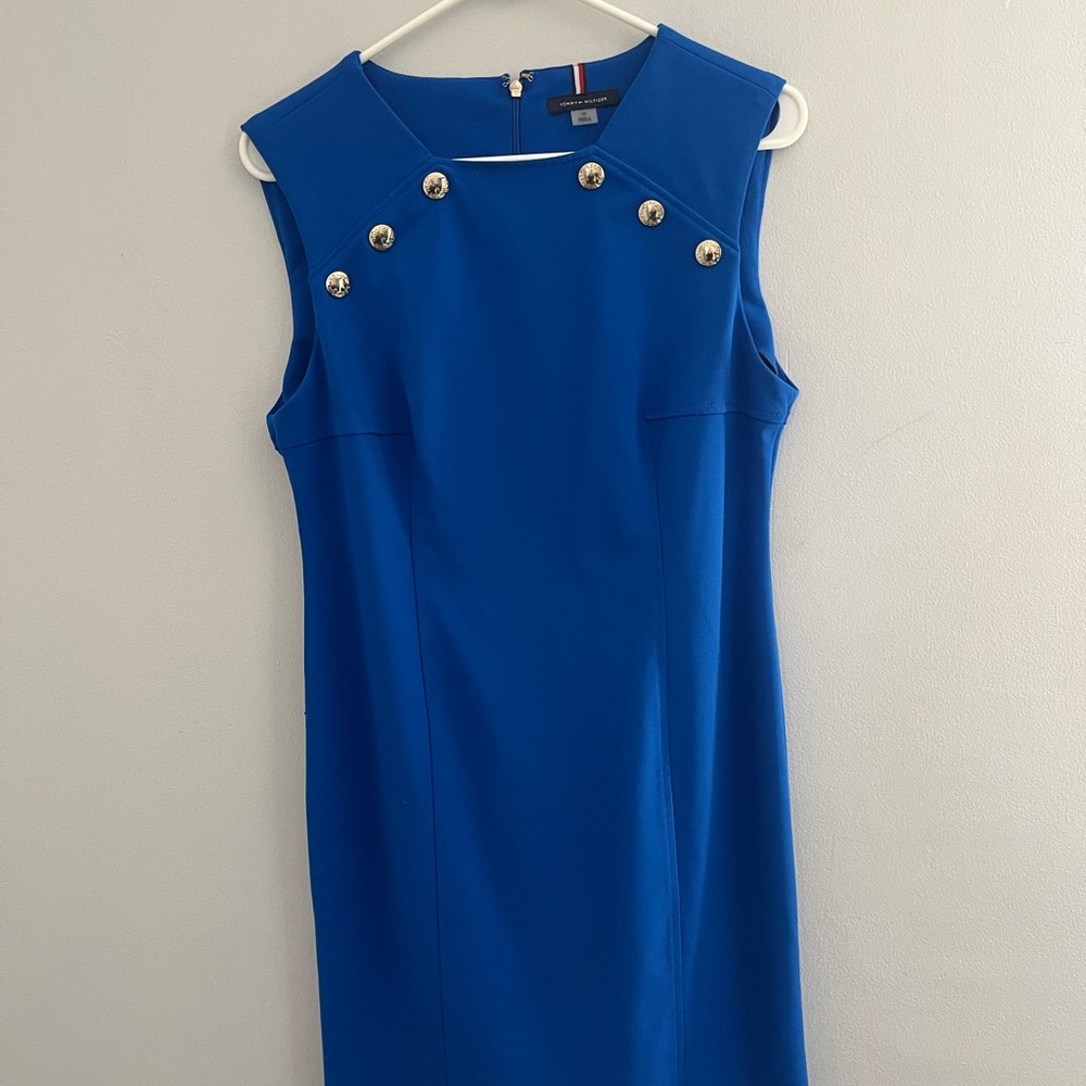 Tommy Hilfiger Cobalt Blue Sleeveless Sheath Dress with Gold Buttons
